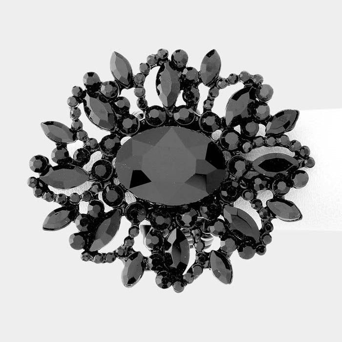 Oval Jet Black Crystal Cluster Stretch Ring
