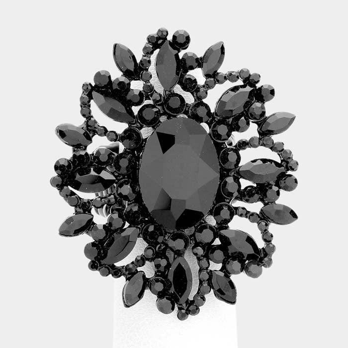 Oval Jet Black Crystal Cluster Stretch Ring