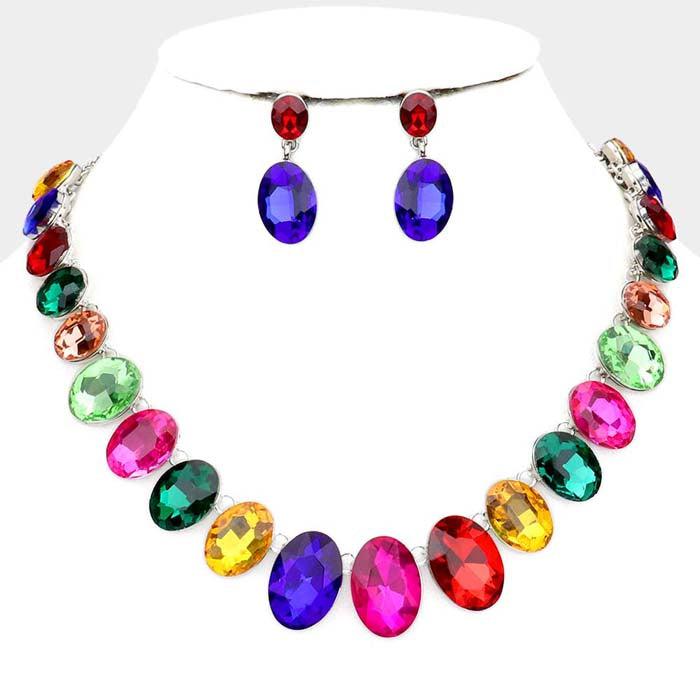 Oval Multi Color Crystal Link Evening Silver Necklace Set