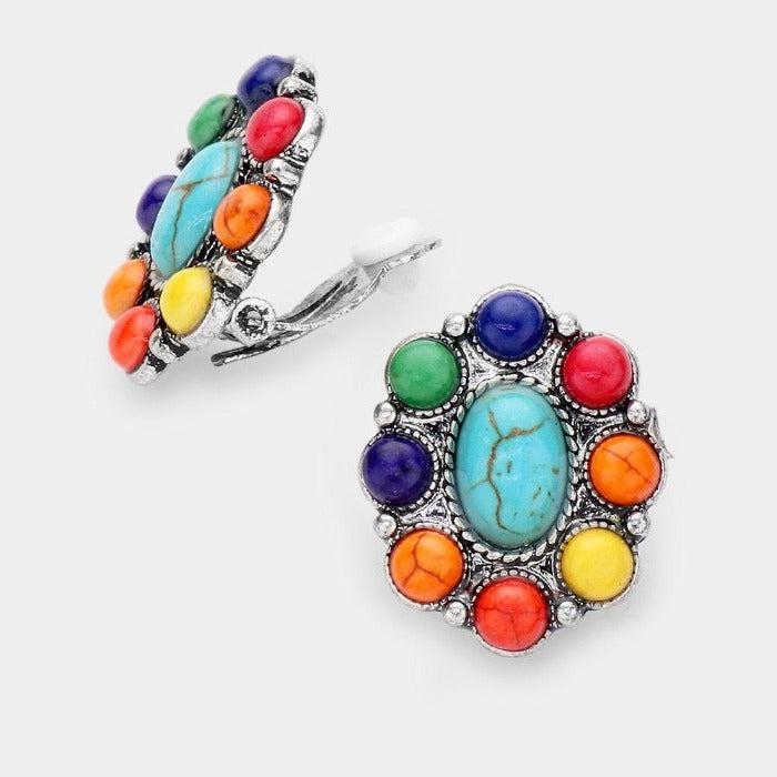 Oval Multi Colored Natural Stone Clip on Earrings by tipi