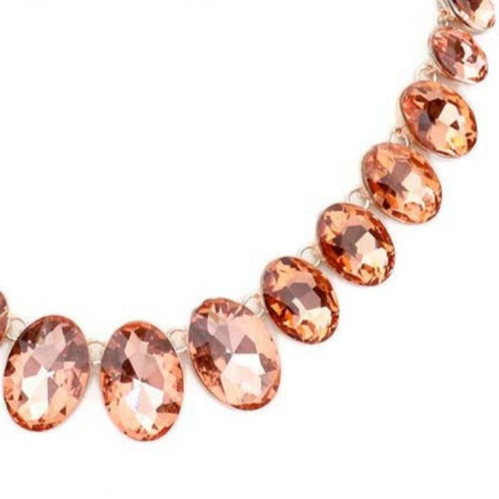 Oval Peach Crystal Link Evening Rose Gold Necklace Set