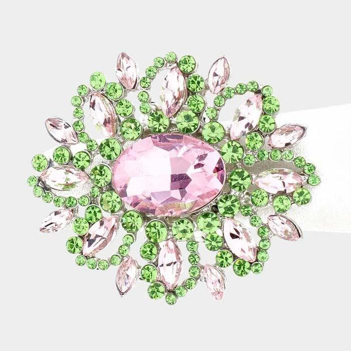 Oval Pink & Green Crystal Cluster Stretch Ring