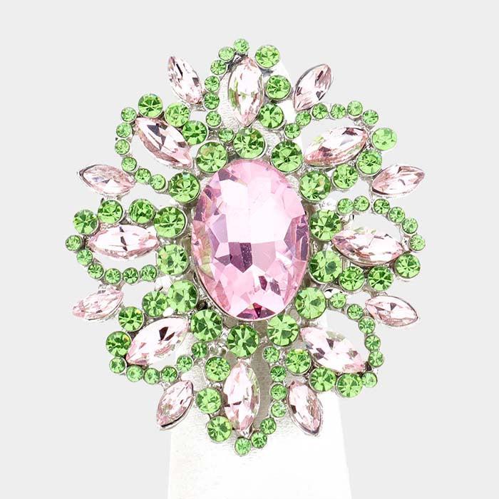 Oval Pink & Green Crystal Cluster Stretch Ring