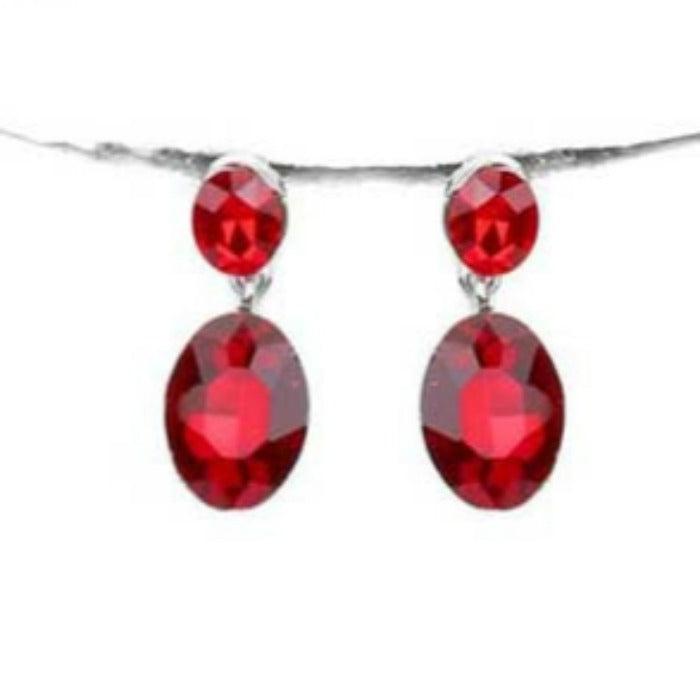 Oval Red Crystal Link Evening Silver Necklace Set