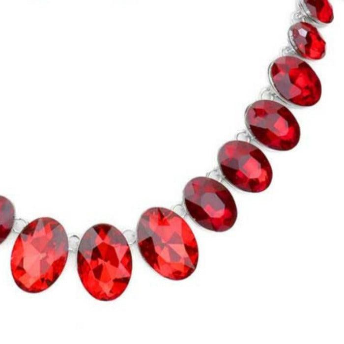 Oval Red Crystal Link Evening Silver Necklace Set