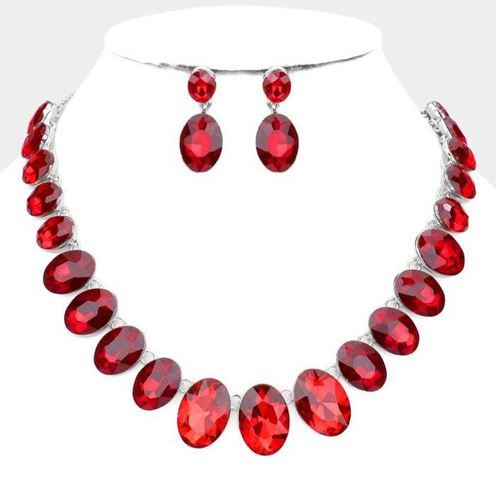 Oval Red Crystal Link Evening Silver Necklace Set