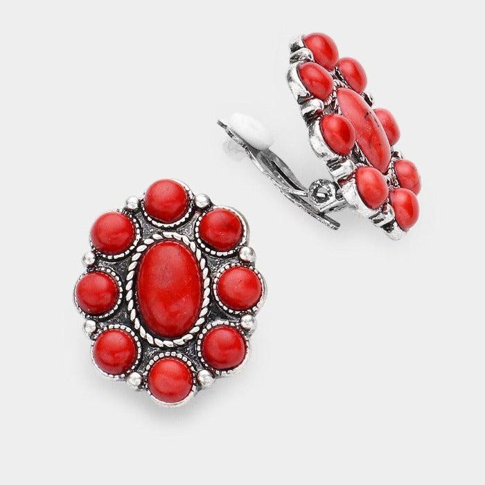 Oval Red Natural Stone Clip on Earrings by tipi