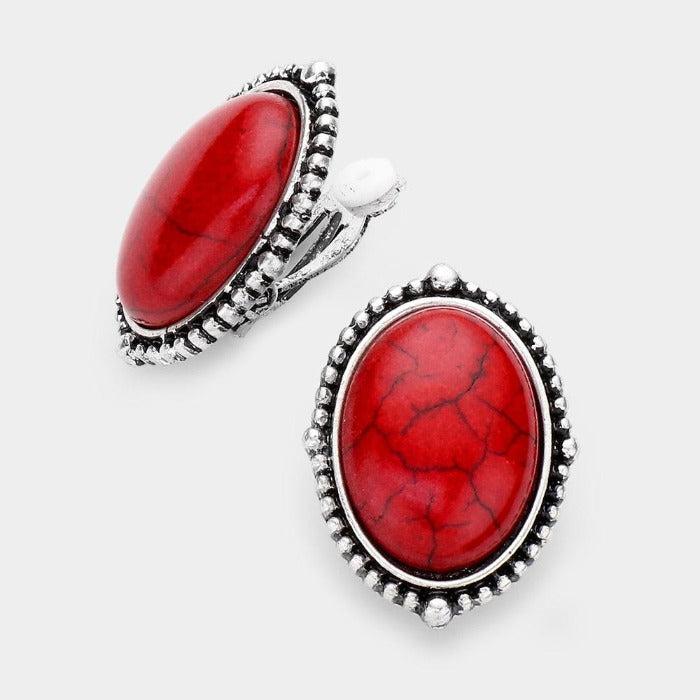 Oval Red Natural Stone Clip on Earrings by tipi