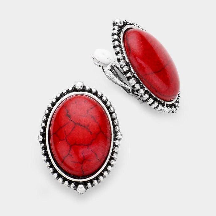 Oval Red Natural Stone Clip on Earrings by tipi