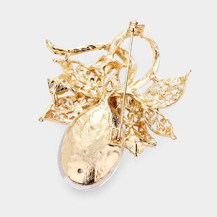 Oval Stone Accented Metal Leaf Pin Brooch by Sophia Collection