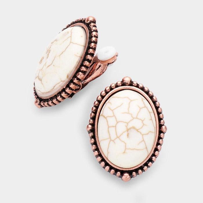 Oval White Natural Stone Clip on Earrings by tipi