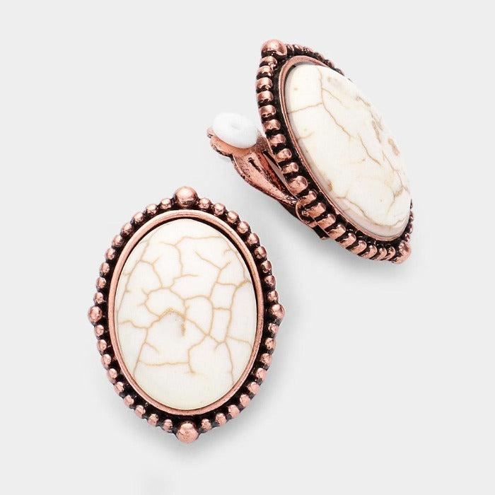 Oval White Natural Stone Clip on Earrings by tipi