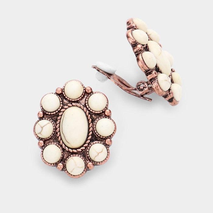 Oval Natural Stone Centered Clip on Earrings