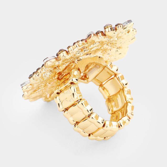 Oval Yellow Crystal Cluster Gold Stretch Ring