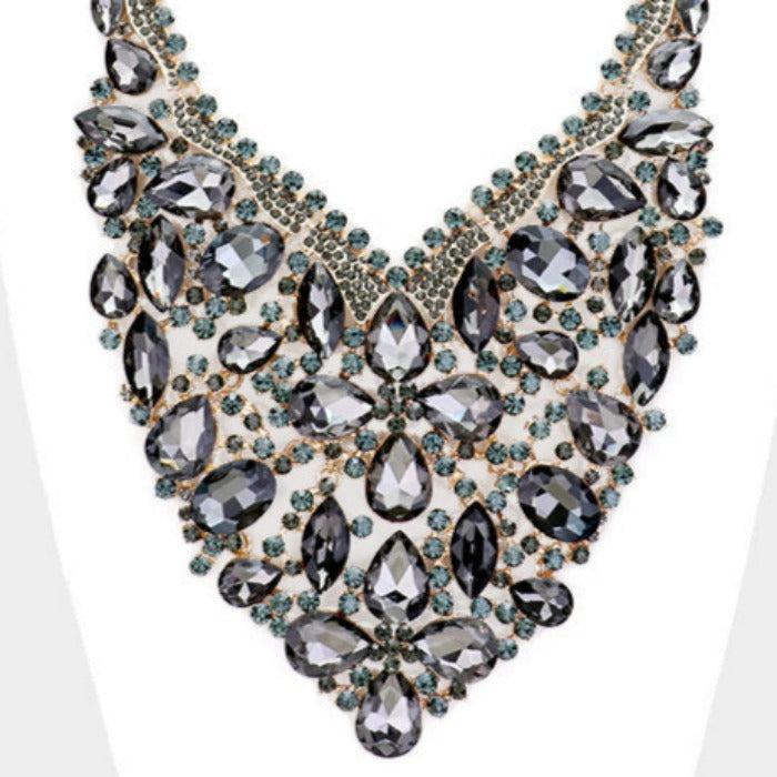 Oversized Black Crystal Rhinestone Statement Necklace Set