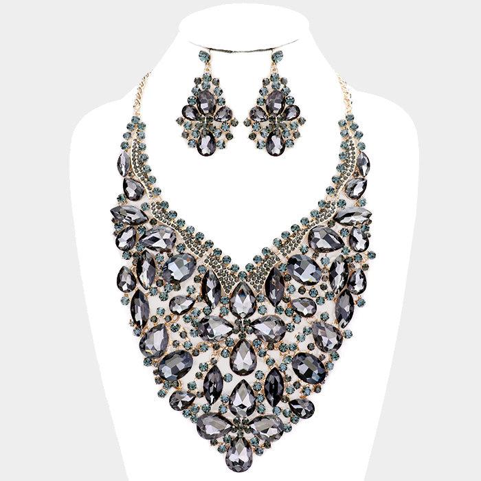 Oversized Black Crystal Rhinestone Statement Necklace Set