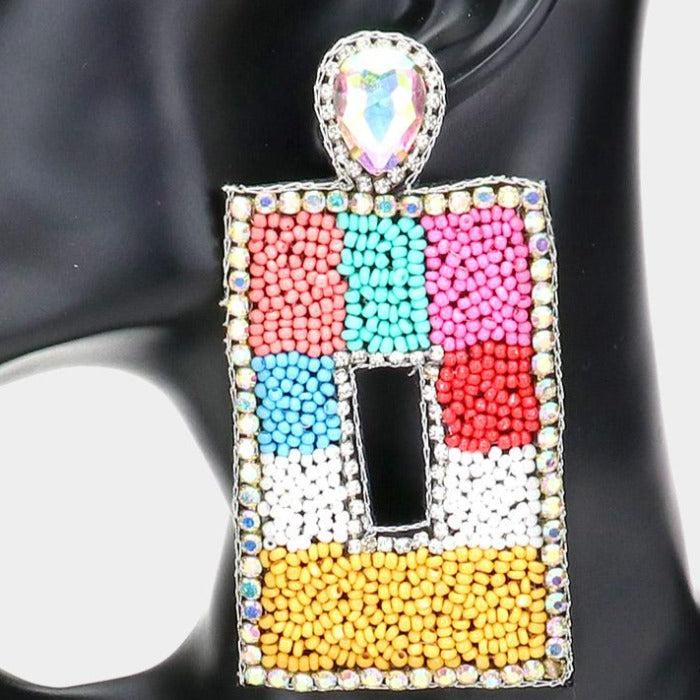 Oversized Colorful Seed Bead Rectangle Earrings by Treasure Jewelry