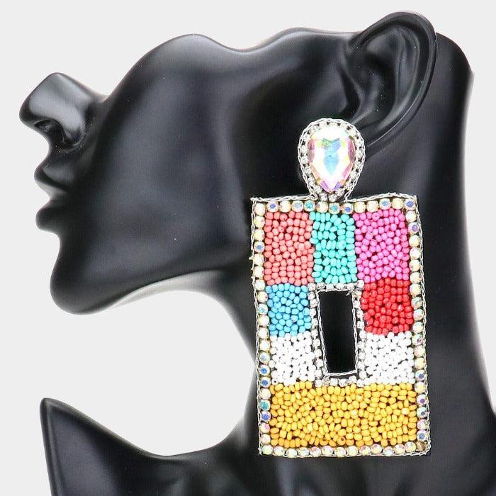 Oversized Colorful Seed Bead Rectangle Earrings by Treasure Jewelry