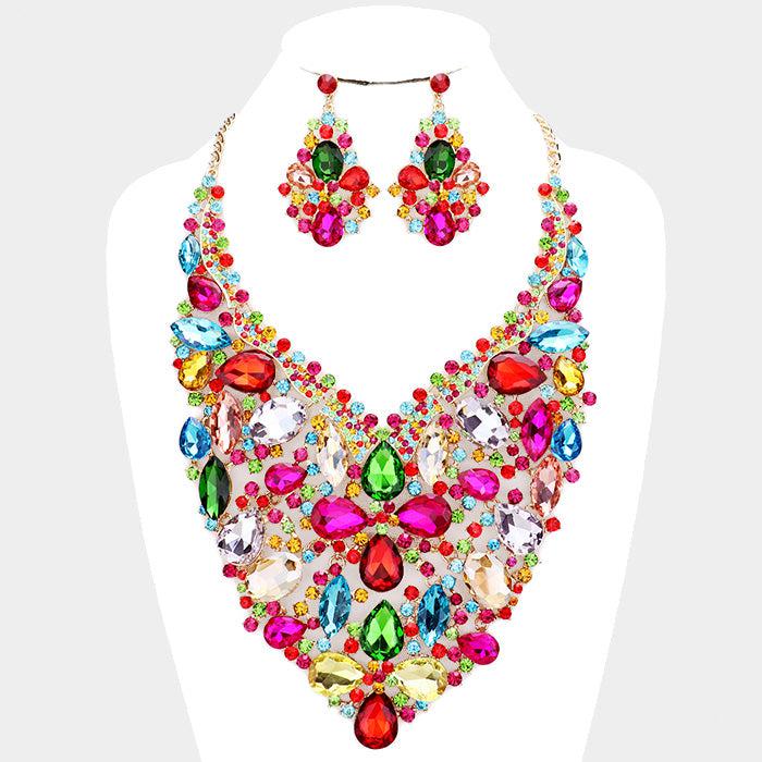 Oversized Multi-Color Crystal Rhinestone Statement Necklace Set