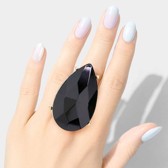 Oversized Teardrop Jet Black Stone Stretch Gold Ring