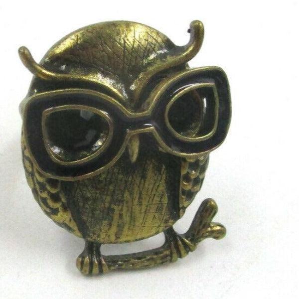 Owl with Black Rhinestone Eyes Brass Ring Size 9