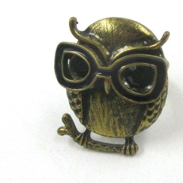 Owl with Black Rhinestone Eyes Brass Ring Size 9