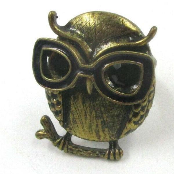 Owl with Black Rhinestone Eyes Brass Ring Size 9