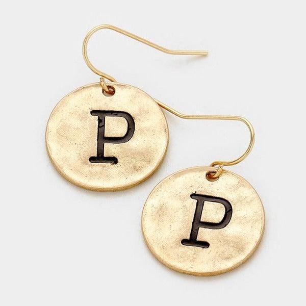 'P' Initial Monogram Letter Disc Gold Tone Earrings-Earring-SPARKLE ARMAND