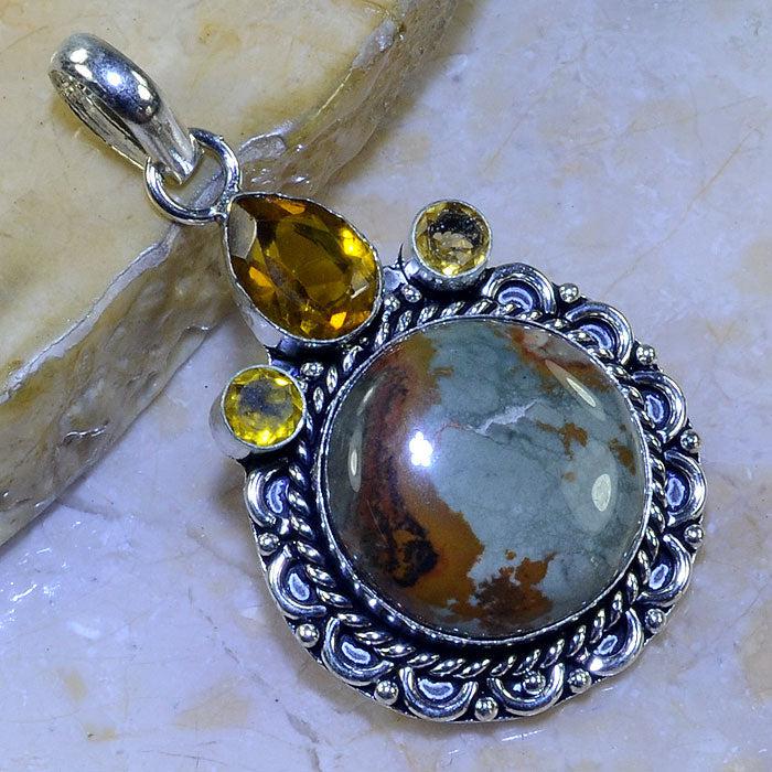 PICTURE JASPER, CITRINE PENDANT .925 SILVER PENDANT 2.75" + 20" CORD-Pendant-SPARKLE ARMAND