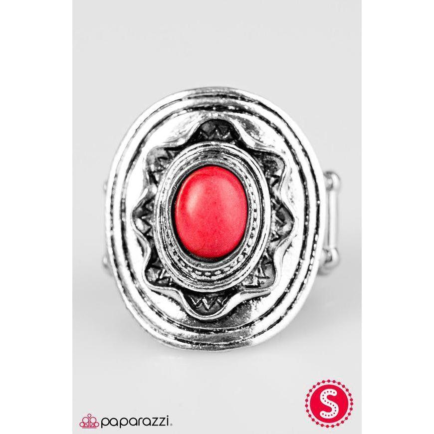 Paparazzi A Tribal Affair Red Silver Sunburst Stretch Ring