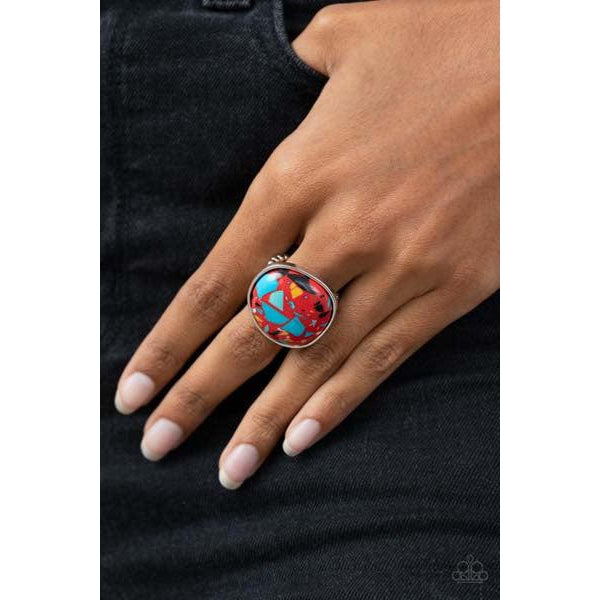 Paparazzi Aesthetically Authentic - Red Stretch Ring  Featuring a colorful terrazzo finish, an asymmetrical red stone is delicately encased in a sleek silver frame atop the finger for a modern stone twist. Features a stretchy band for a flexible fit.