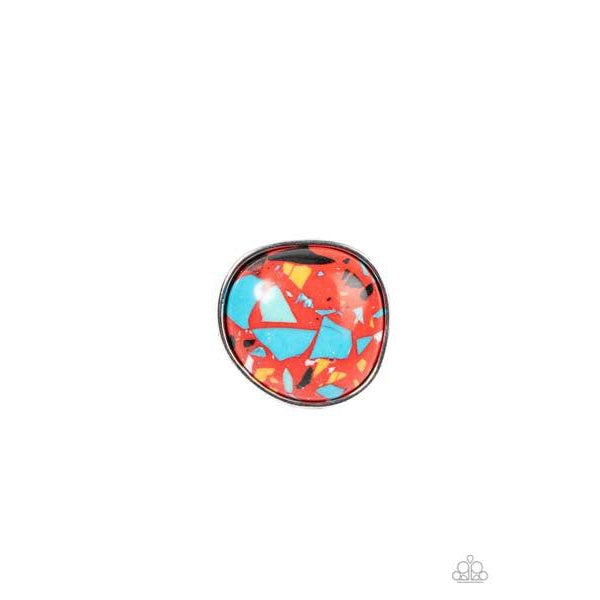 Paparazzi Aesthetically Authentic - Red Stretch Ring  Featuring a colorful terrazzo finish, an asymmetrical red stone is delicately encased in a sleek silver frame atop the finger for a modern stone twist. Features a stretchy band for a flexible fit.