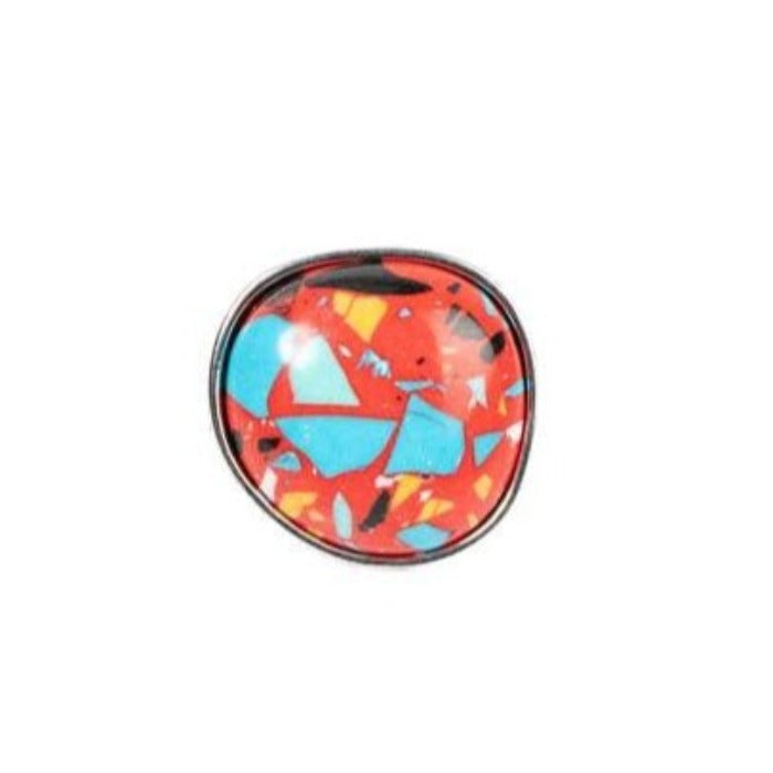 Paparazzi Aesthetically Authentic - Red Stretch Ring  Featuring a colorful terrazzo finish, an asymmetrical red stone is delicately encased in a sleek silver frame atop the finger for a modern stone twist. Features a stretchy band for a flexible fit.