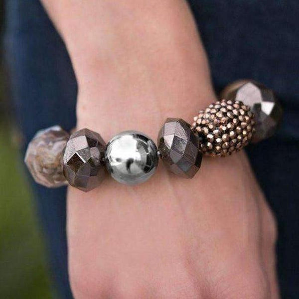 Paparazzi All Cozied Up Brown Copper Glazed Beaded Silver Bracelet