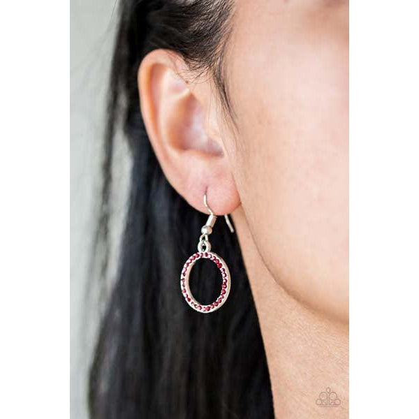 Paparazzi All In Favor - Red Necklace & Earrings Set  Encrusted in fiery red rhinestones, a bubbly silver pendant swings below the collar for a colorfully casual look. Features a toggle closure.