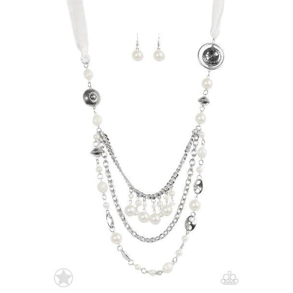 Paparazzi All The Trimmings - Ivory Silver Faux Pearl Necklace & Earrings Set