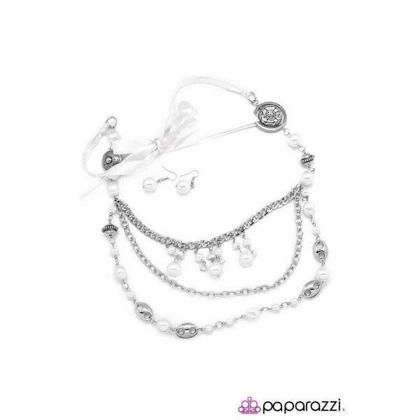 Paparazzi All The Trimmings - Ivory Silver Faux Pearl Necklace & Earrings Set