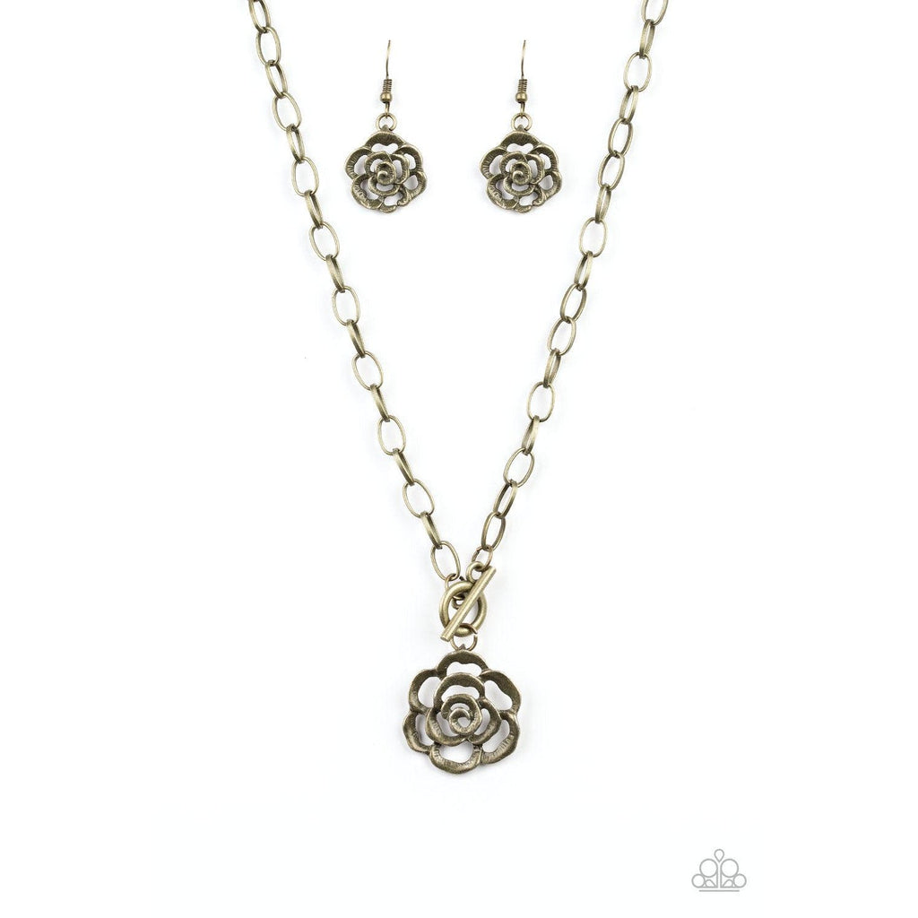Paparazzi "Beautifully In Bloom - Brass" Rosebud Necklace & Earrings Set-Necklace-SPARKLE ARMAND