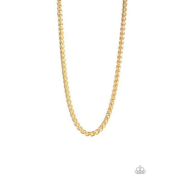 Paparazzi Big Talker - Gold Tone Chain Necklace  A dramatically oversized gold wheat chain drapes across the chest for a noticeable finish. Features an adjustable clasp closure.