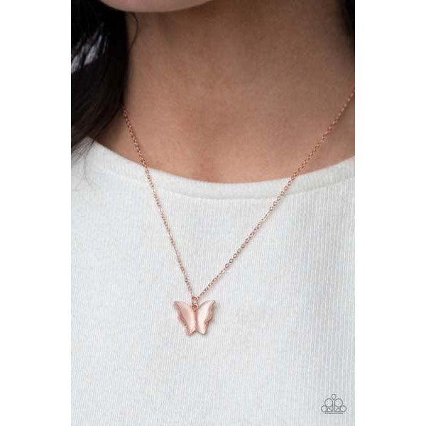 Paparazzi Butterfly Prairies - Copper Necklace Set  Infused with glistening cat's eye stone wings, a shiny copper butterfly pendant swings from a dainty shiny copper chain below the collar for a whimsy flair. Features an adjustable clasp closure.