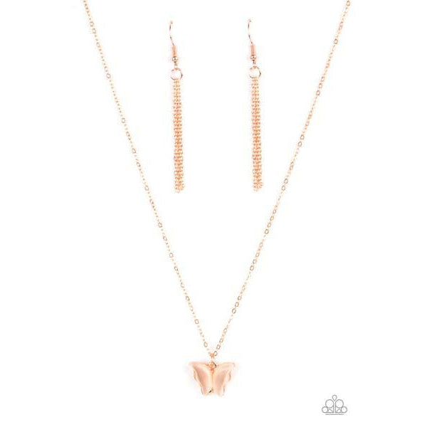 Paparazzi Butterfly Prairies - Copper Necklace Set  Infused with glistening cat's eye stone wings, a shiny copper butterfly pendant swings from a dainty shiny copper chain below the collar for a whimsy flair. Features an adjustable clasp closure.