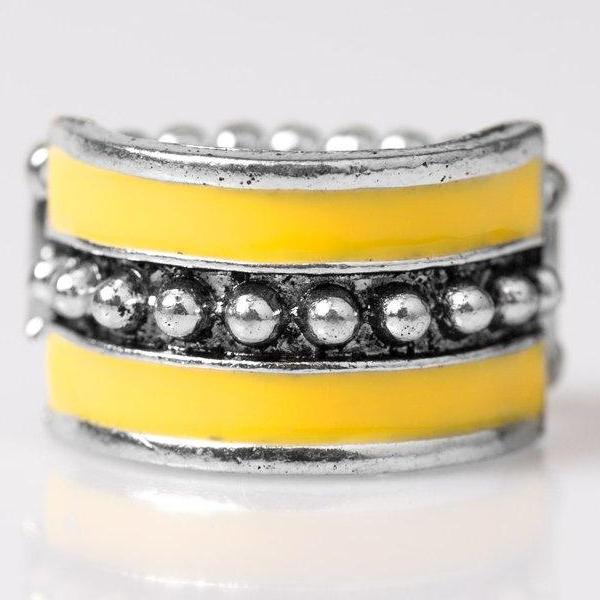 Paparazzi Castaway Cay Yellow Silver Studs Tribal Inspired Fashion Ring