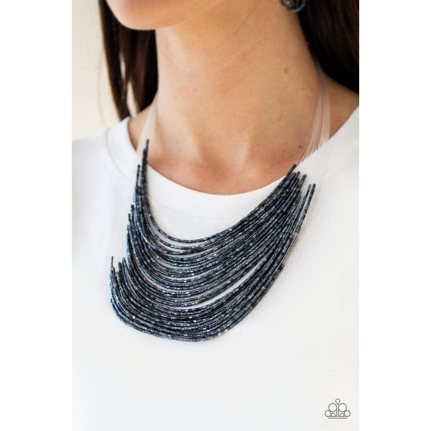 Paparazzi Catwalk Queen Metallic Blue Seed Bead Necklace Earrings