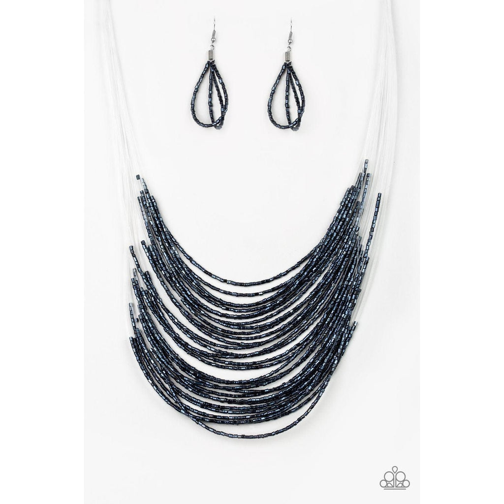 Paparazzi Catwalk Queen Metallic Blue Seed Bead Necklace Earrings Set