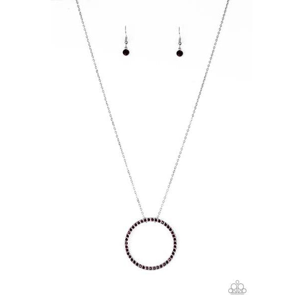 Paparazzi Necklace & Earrings Set  Encrusted in glittery purple rhinestones, a dramatic silver hoop swings from the bottom of a lengthened silver chain for a refined look. Features an adjustable clasp closure.