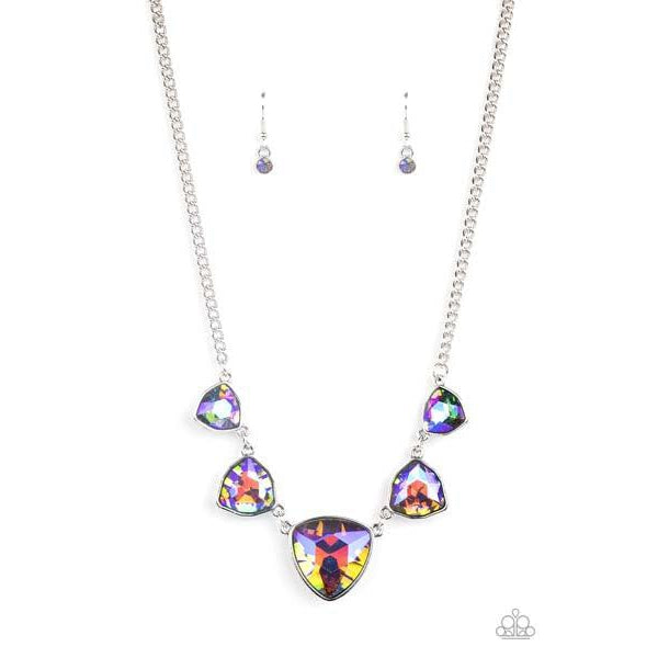 Paparazzi Cosmic Constellations - Multi Necklace & Earrings Set   Encased in sleek silver fittings, an oversized collection of UV geometric gems gradually increase in size as they link below the collar for a stellar statement. Features an adjustable clasp closure. Due to its prismatic palette, color may vary.