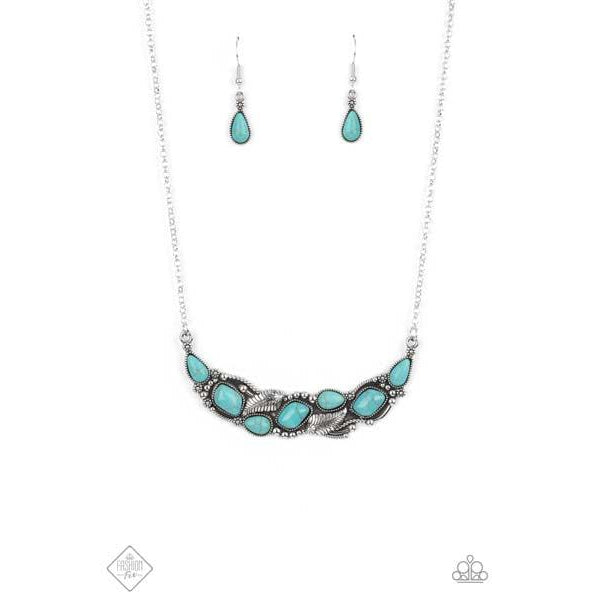 Paparazzi Cottage Garden - Blue Necklace & Earrings Set  A collection of asymmetrical turquoise stones adorns the front of a studded silver frame embossed in floral and feathery accents. The pendant sits boldly below the collar, creating a seasonal centerpiece. Features an adjustable clasp closure.