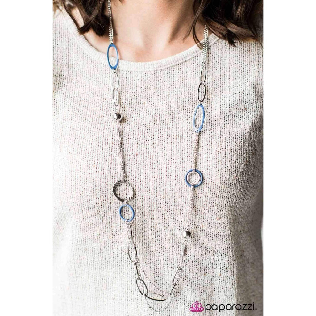 Paparazzi DISC Factor Blue Chunky Asymmetrical Silver Necklace & Earring Set-Necklace-SPARKLE ARMAND