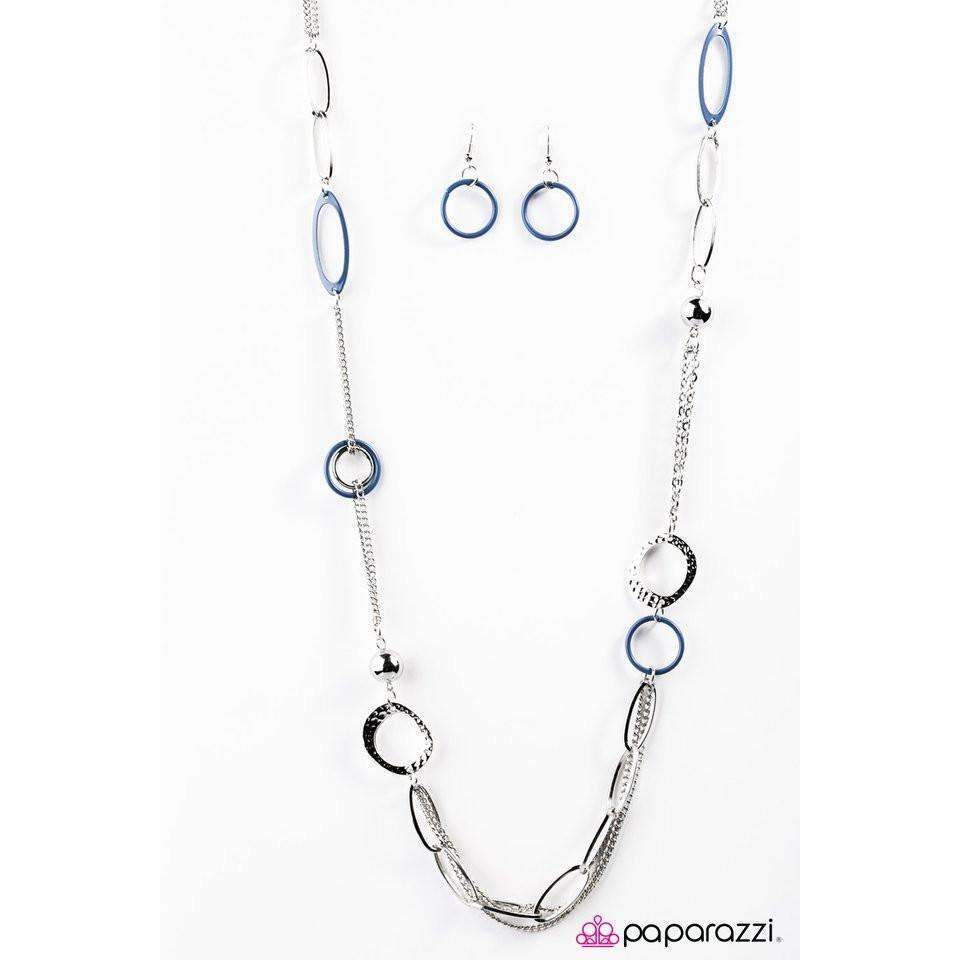 Paparazzi DISC Factor Blue Chunky Asymmetrical Silver Necklace & Earring Set-Necklace-SPARKLE ARMAND