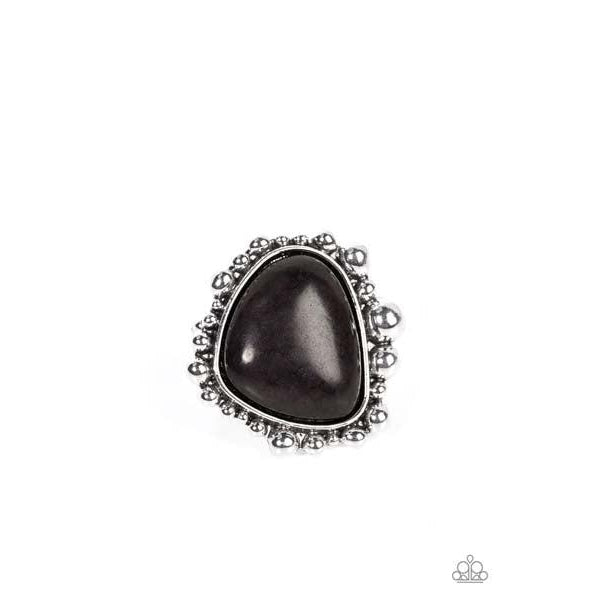 Paparazzi Don't DWELLER on It - Black Stretch Ring  A dainty collection of imperfect silver studs radiates out from an asymmetrical black stone, resulting in a rustic centerpiece atop the finger. Features a stretchy band for a flexible fit.